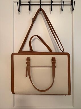 Cream and Tan Laptop Tote Bag with Removable Shoulder Strap